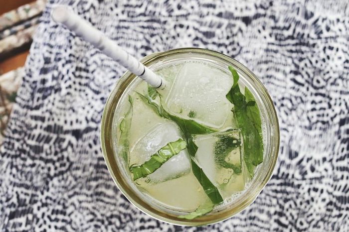 eine birke und ein glas mit einer hausgemachten limonade mit eis und mit minze mit grünen blättern, zitronenlimo selber machen