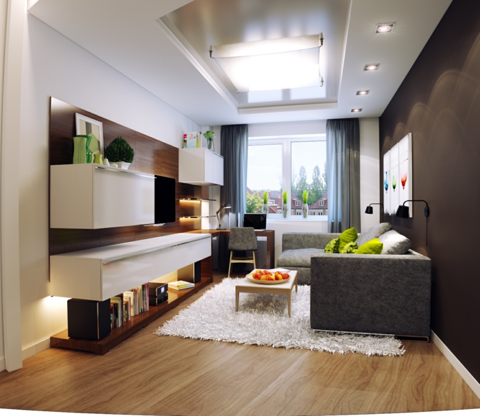 weißer Teppich, moderne Wohnwand, graues Sofa, kleine Wohnung einrichten