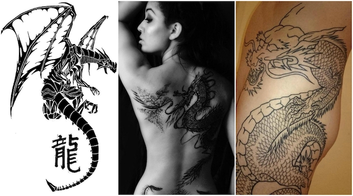 japanische drachen tattoo vorlagen, eine junge frau mit einem großen schwarzen drachen tattoo rücken, ein großer chinesischer drache mit langen weißen schnurrbärten, ein drachen tattoo unterarm