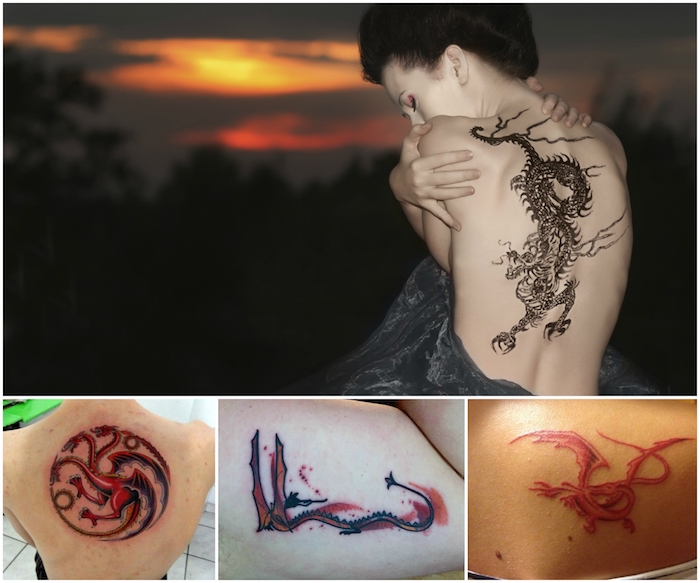 sonnenuntergang und ein wald mit schwarzen bäumen, eine junge frau mit einem drachen tattoo rücken, roter drache smaug, drei rote game of thrones drachen