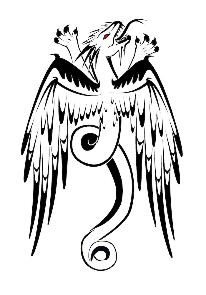 ein großer fliegender schwarzer drache mit einem langen weißen schwanz und mit zwei weißen flügeln mit langen weißen federn, ein drachen tattoo, eindrache mit roten augen und schwarzen scharfen nageln