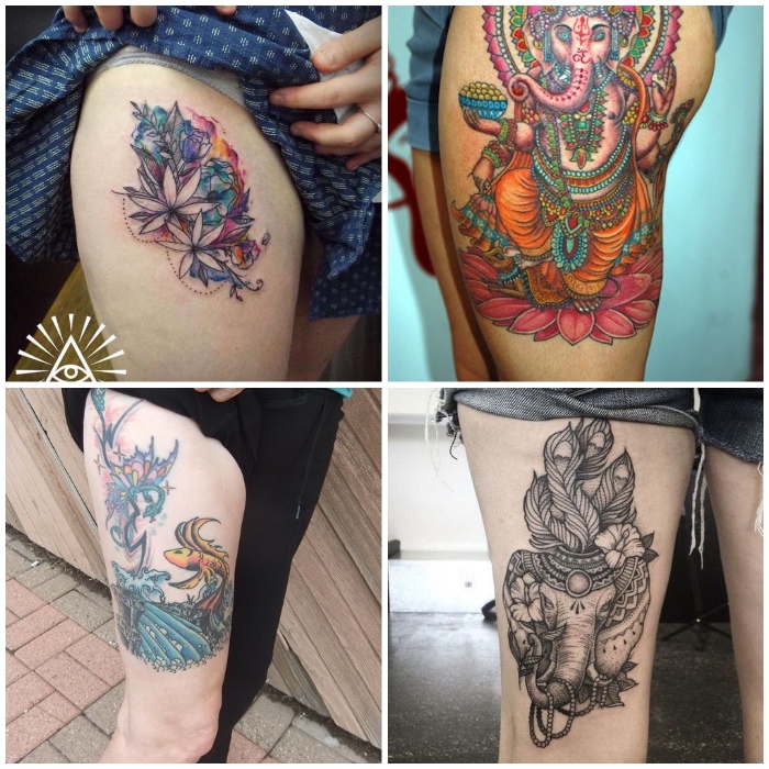 frauen tattoo, große farbige tätowierung mit indischen motiven, koi fisch mit wasserwellen, elefant, elefantenkopf