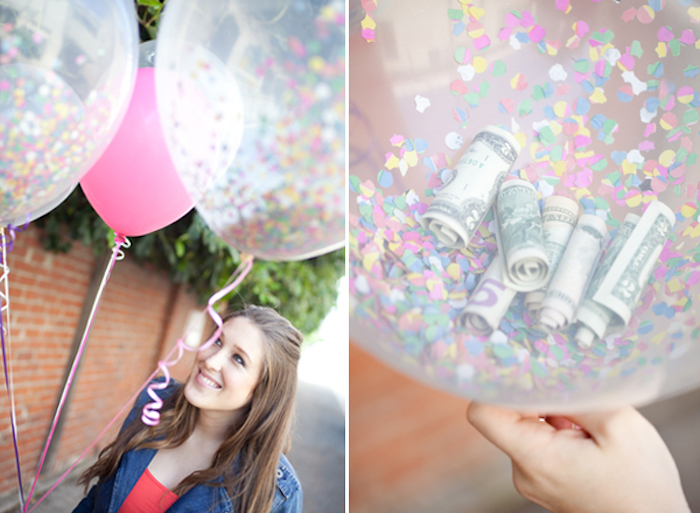 Ballons mit Geldscheinen und Confetti füllen, originelles Geldgeschenk selber machen