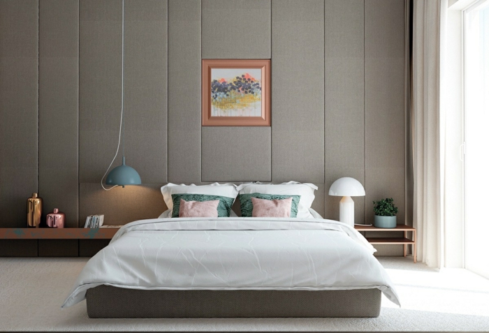 weißes Bett, kleines buntes Bild, schöne Lampen, graue Wand, Schlafzimmer Farbe