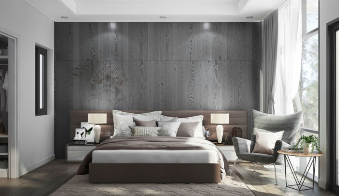 indirekte Beleuchtung, graue Wand, Schlafzimmer Farbe, kleiner Tisch, graue Vorhänge