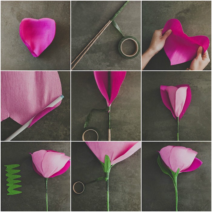 Papierblume selber machen, DIY Anleitung in neun Schritten, violette Blüte und grüner Stängel, originelles Hochzeitsgeschenk basteln