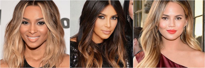 collage von bildern von berühmten persönlichkeiten, damen, balayage braun, kim kardashian in der mitte