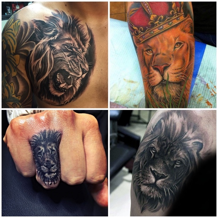 löwe tattoo finger, große tätowierung an der brust, farbiges tattoo am oberschenkel, löwe mit krone