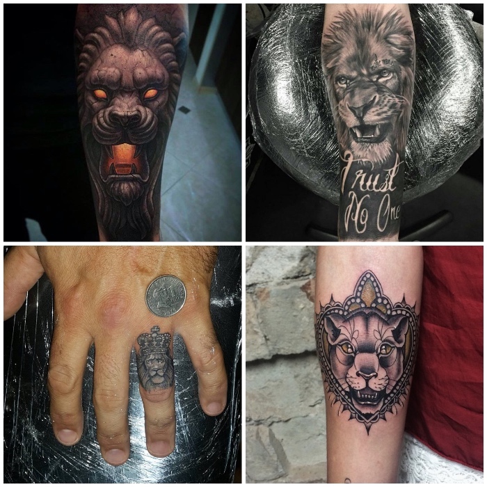 löwe tattoo finger, tattoo-motive für männer, realistische tätowierungen, löwinkopf mit mandala motiven
