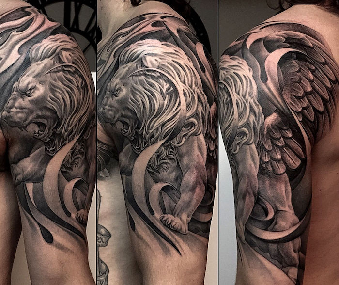 großes realistisches löwen tattoo am oberarm, tattoo-motive für männer, schwarz-graue tätowierung