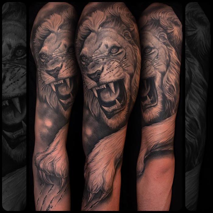 großes realsitisches löwen tattoo am arm, 3d-tätowierung am unterarm, mann