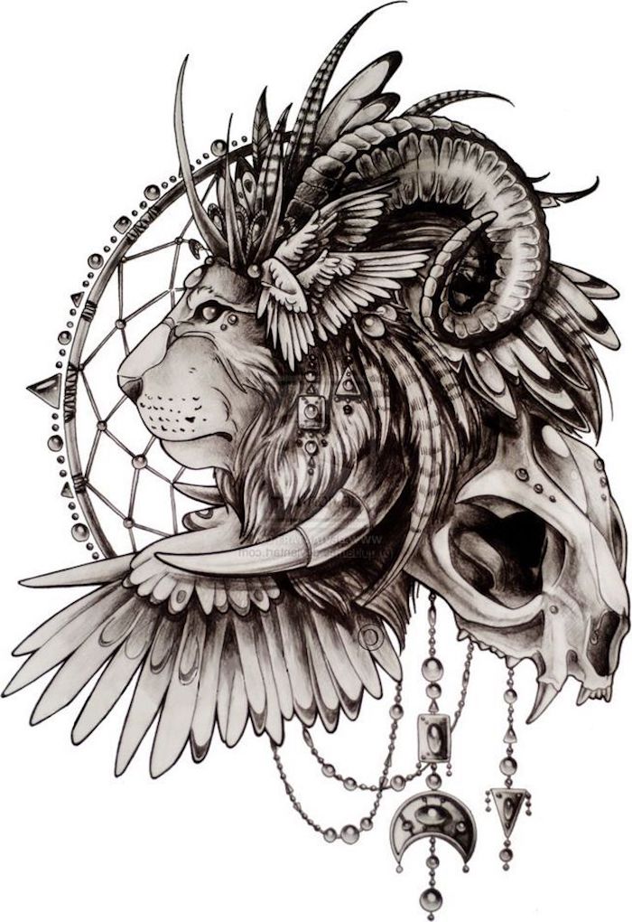 löwenkopf zeichnung, tattoo-vorlage, löwe in kombination mit hörner, schädel, flügel und traumfänger