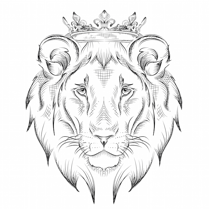 löwenkopf zeichnung, löwe mit krone, tattoo-vorlage zeichnen, löwe malen