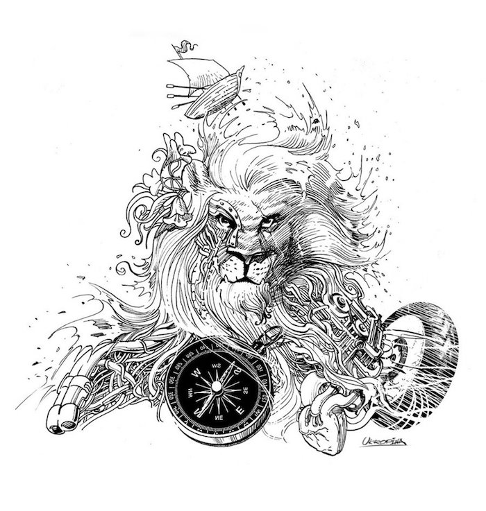 läwenkopf zeichnung, löwe mit kompass, schiff, blumen und wasserwellen, tattoo vorlage