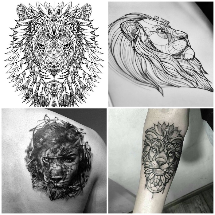 löwenkopf zeichnung, tattoo vorlage, löwenkopf mit mandala motiven, tattoo am rücken