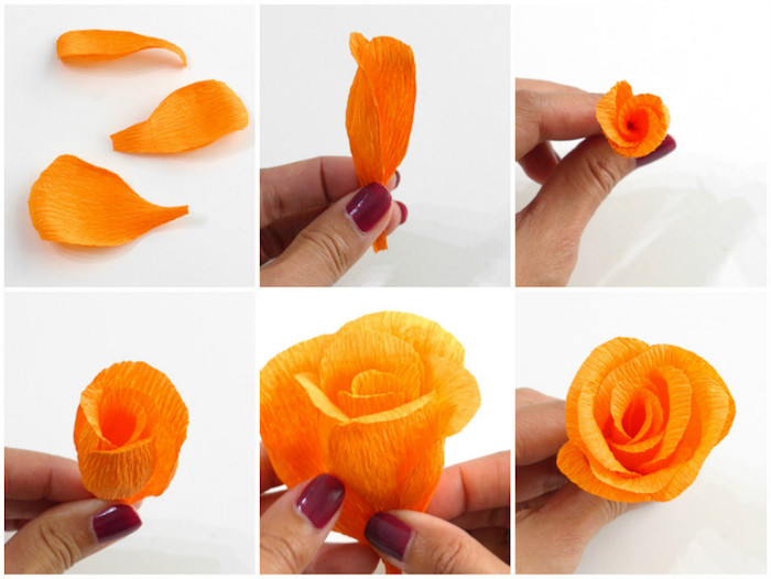 Papierblumen selber basteln, DIY Anleitung in sechs Schritten, blüte aus orangem Krepppapier