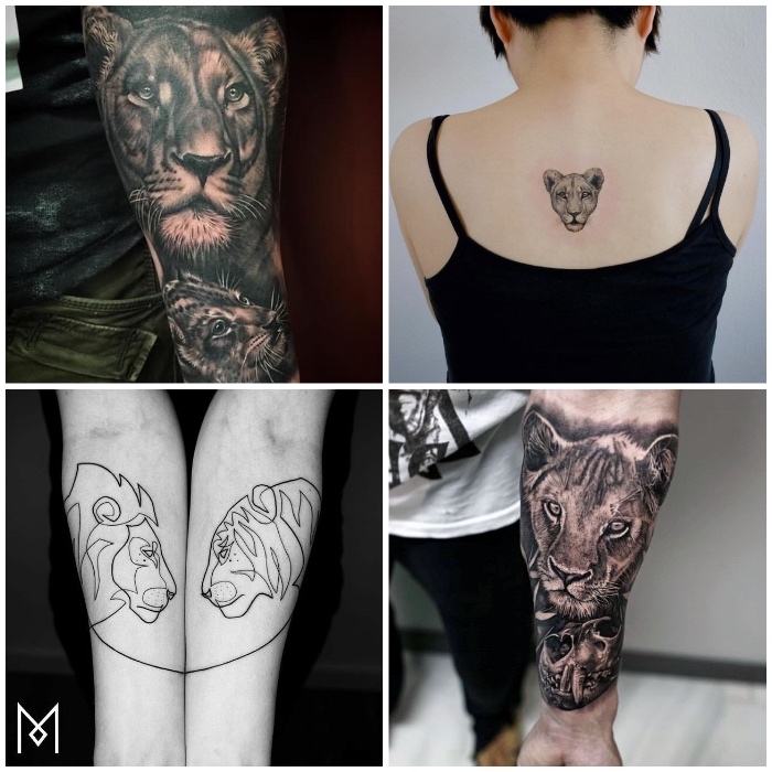 löwin tattoo am unterarm, frau mit kleiner tätowierung am rücken, schwarz-graue tätowierungen