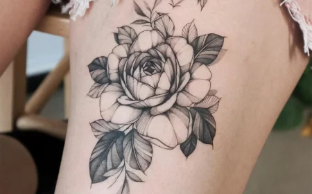 rose tattoo am oberschenkel detaillierte blüte