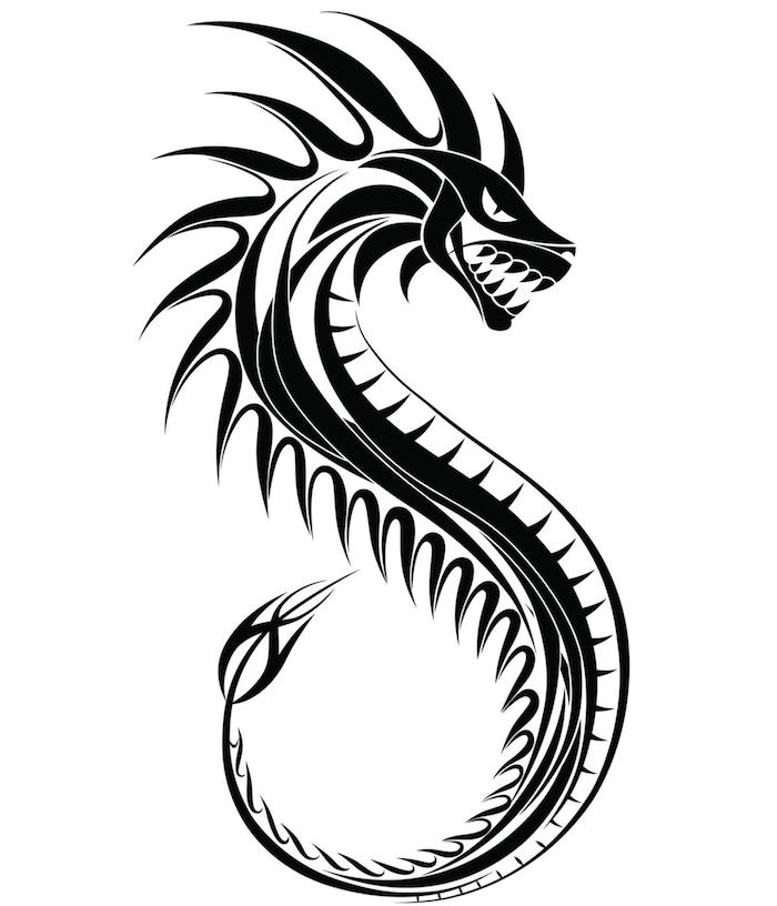 ein schwarzer drache mit weißen augen, drachen bilder, eine dragon tätowierung mit einem schwarzen drache mit einem langen schwarzen schwanz und schwarzen zähnen