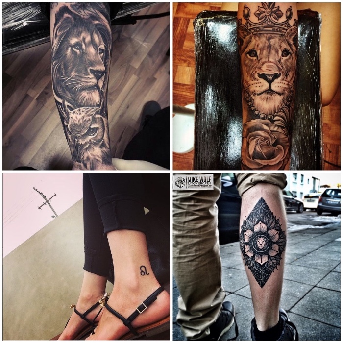 sternzeichnen löwe tattoo am bein, kleine tattoo-motive, löwe in kombination mit eule, krone