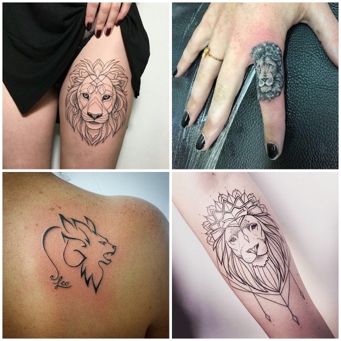 sternzeichnen löwe tattoo am rücken, finger tattoo mit löwen-motiv, tätowierung mit mandala-motiven