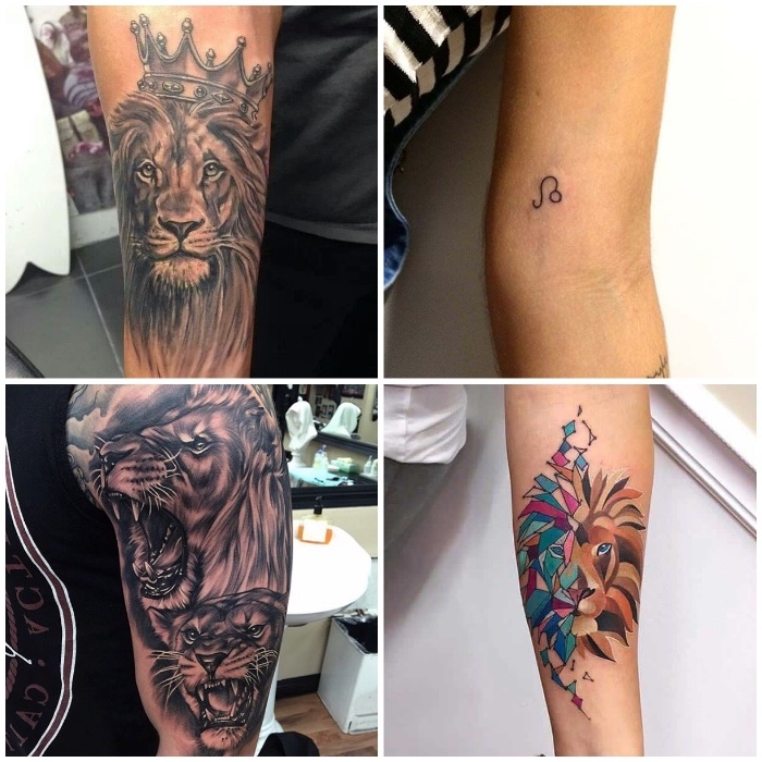 sternzeichnen löwe tattoo, löwe mit krone, farbige tätowierung am unterarm, arm tattoos