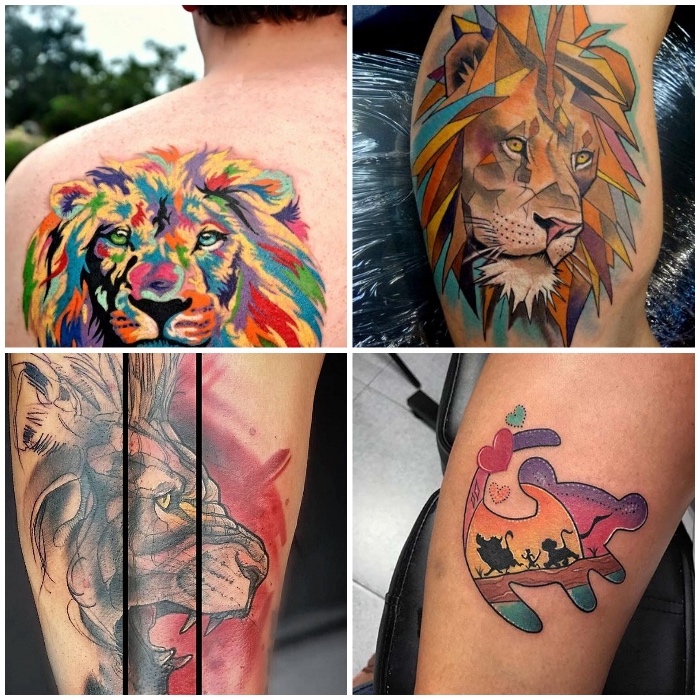 tattoo könig der löwen, farbige tätowierungen mit löwen-motiven, mann mit rücken tattoo