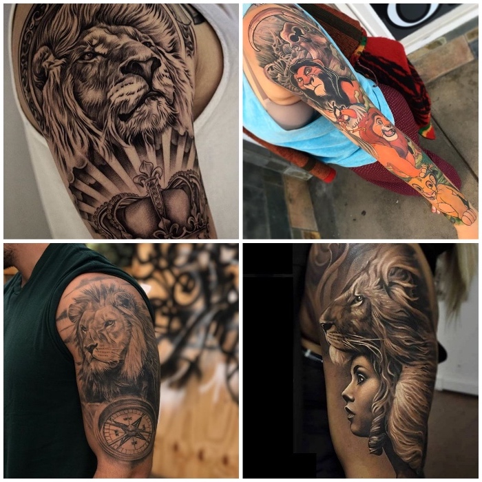 tattoo könig der löwen, löwe in komnination mit kompass, löwe mit krone, realistische tätowierungen