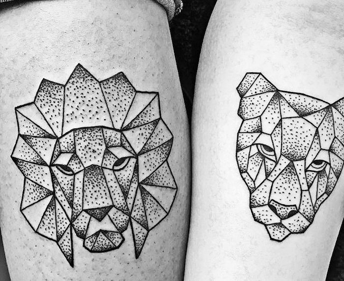 tattoo löwe, tattoo-motive für paare, löwe und löwin, abstrakte tätowierungen