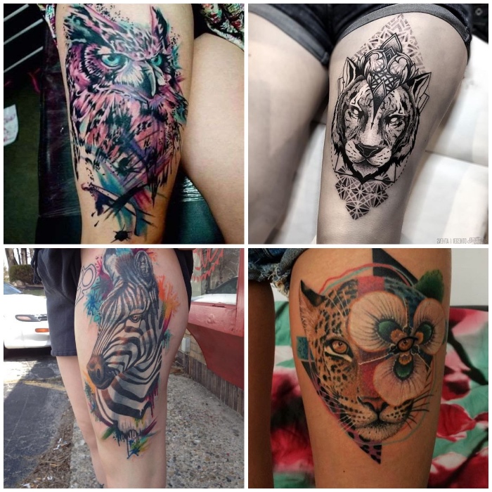 tattoo oberschenkel, kurze hose, tätowierungen mit tier motiven, zebra, tiger mit geometrischen elementen, eule