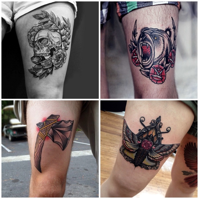 tattoo oberschenkel, schädel mit blumen und zweig, bör mit roten blüten, insekt, tattoos für männer