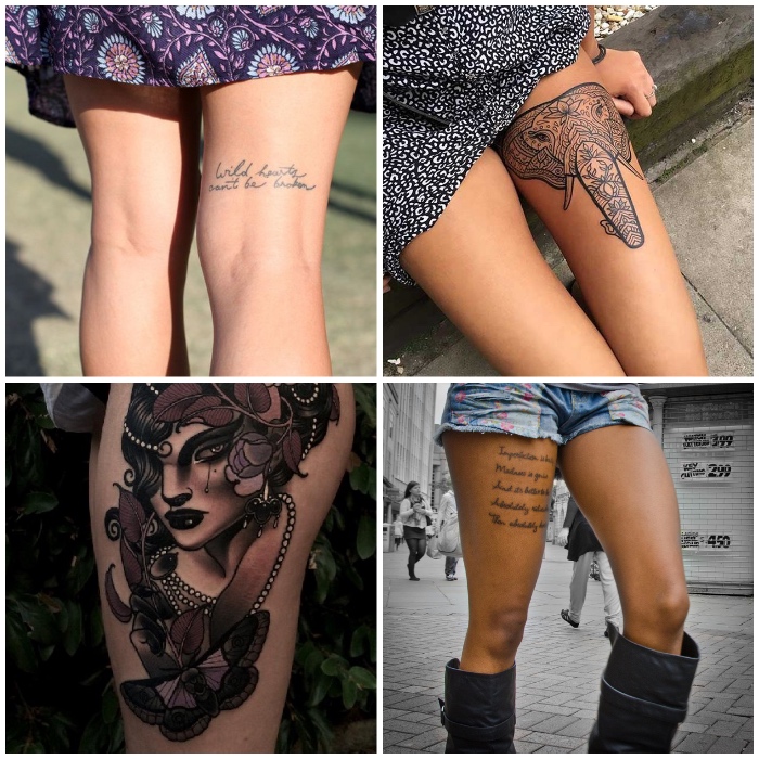 tattoo oberschenkel, sommerkleider, kurze jeans mit stiefeln, frau mit perlenschmuck, elefant mit geometrischen motiven