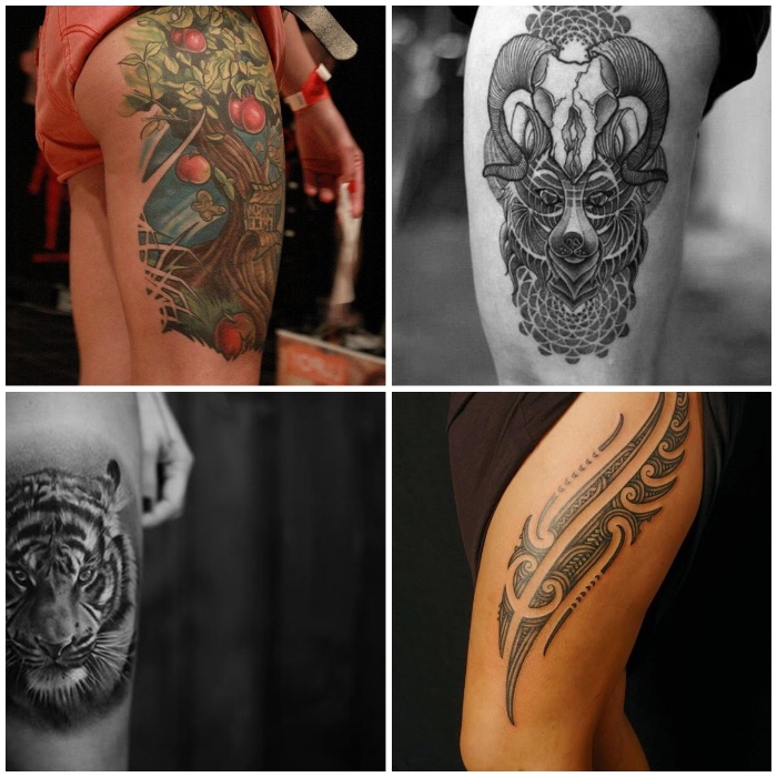 tattoo vorlagen frauen, apfelbaum mit roten äpfeln, steinbock mit bär, realistische 3d-tätowierung, tigerkopf, abstakt