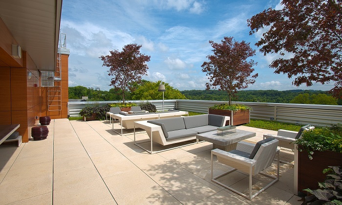 terrasse gestalten, bequemer und großer terrassenraum auf dem dach, kleine bäume, sofas 