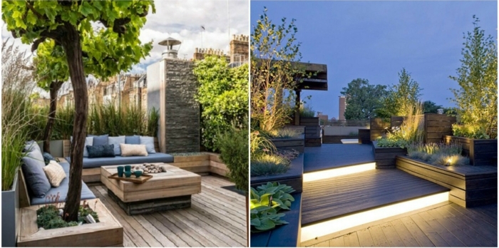 terrassen ideen zwei ideen schöne abend beleuchtung und sitzecke zum erholen tagsüber baum auf der terrasse