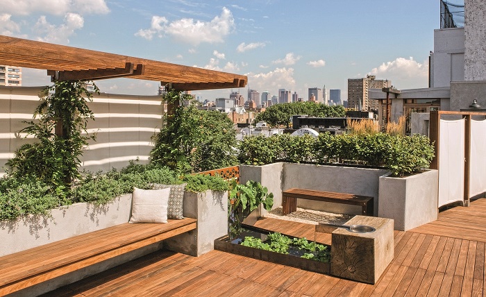 terrassengestaltung einfache idee, wählen sie pflanzen die leicht zu pflegen sind, sitzbänke, kissen