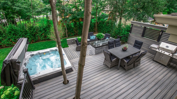 whirlpool als deko terrasse ideen, gestaltungsmöglichkeiten, grau grünes design
