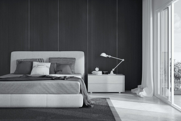 ein graues Bett, welche Farbe passt zu Grau, weißes Kissen und weißer Nachttisch