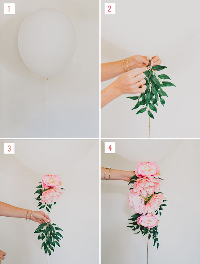 Weißen Luftballon mit echten Blumen verzieren, Anleitung in vier Schritten, Idee für Hochzeitsgeschenk