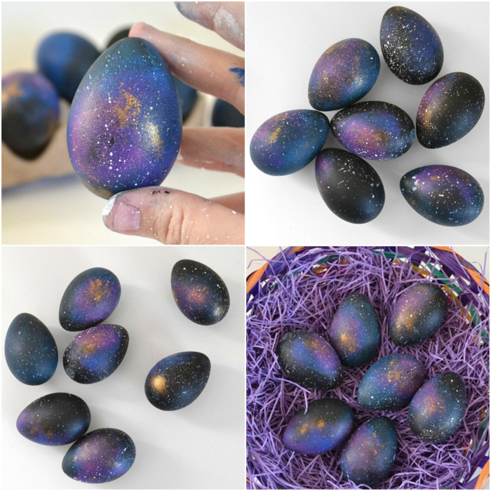 vier Fotos von Eier, die als ob aus Weltall stammen, Ostereier dekorieren