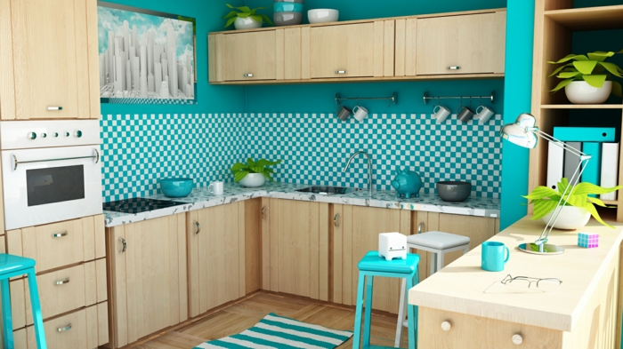 blaue Wände, karrierte Wandgestaltung Küche, Möbel aus hellem Holz, blauer Teppich