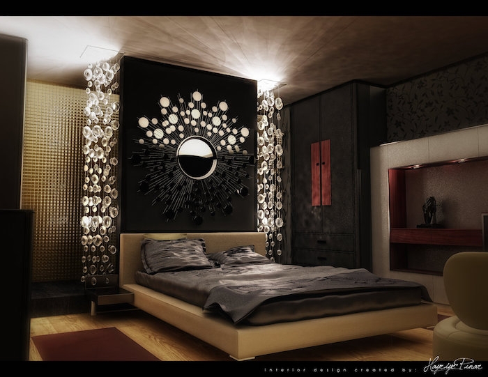 deko ideen schlafzimmer, dunkles zimmerdesign, spiegel, beiges bett, braune gestaltung, dunkles zimmerdesign