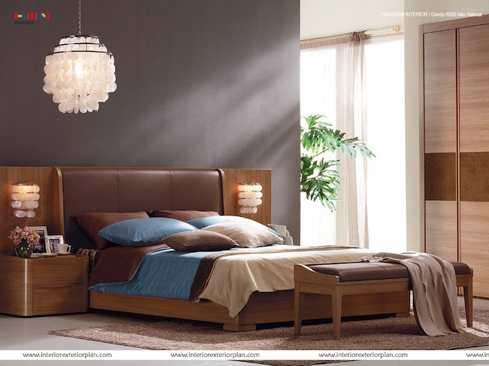 schlafzimmer ideen lampe, design, blau, braun, beige, schrank, zimmerpflanze, ideen