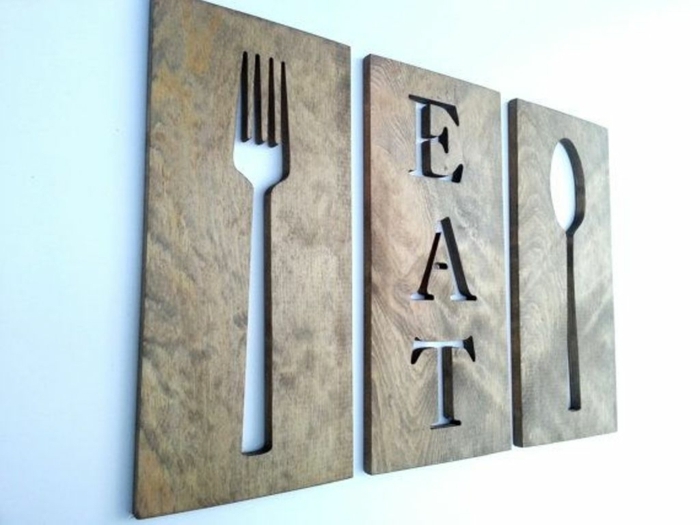 eine Tabelle, Gabel, Löffel und eine Aufschrift Eat, Wandgestaltung Küche zum Erstaunen