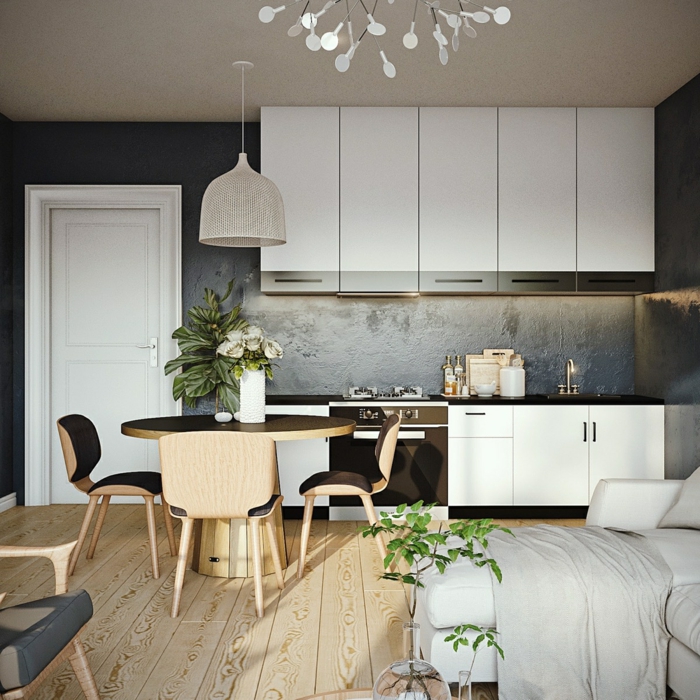 Wandfarbe Grau kombinieren, weiße Regale, Laminat Boden, runder Tisch