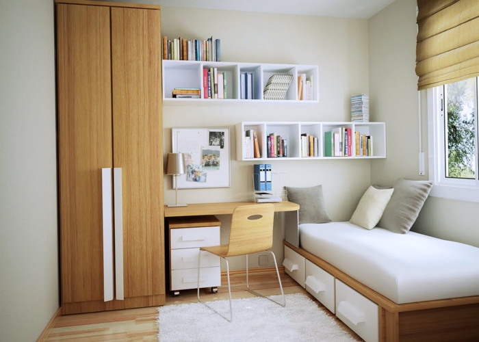 ein kleines Bett in der Ecke, weißer Regalsystem, kleiner Schreibtisch, Jungendzimmer Ideen für kleine Räume