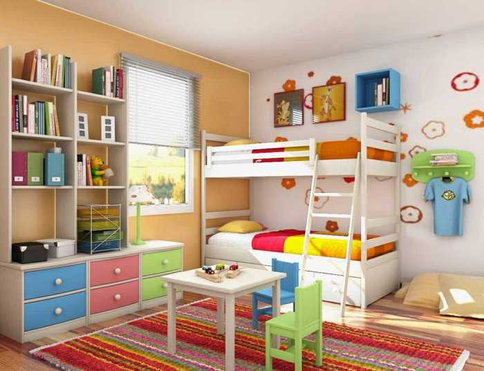 gestreifter Teppich für Kinderzimmer, bunte Schubladen, Kinderzimmer Ideen für kleine Räume