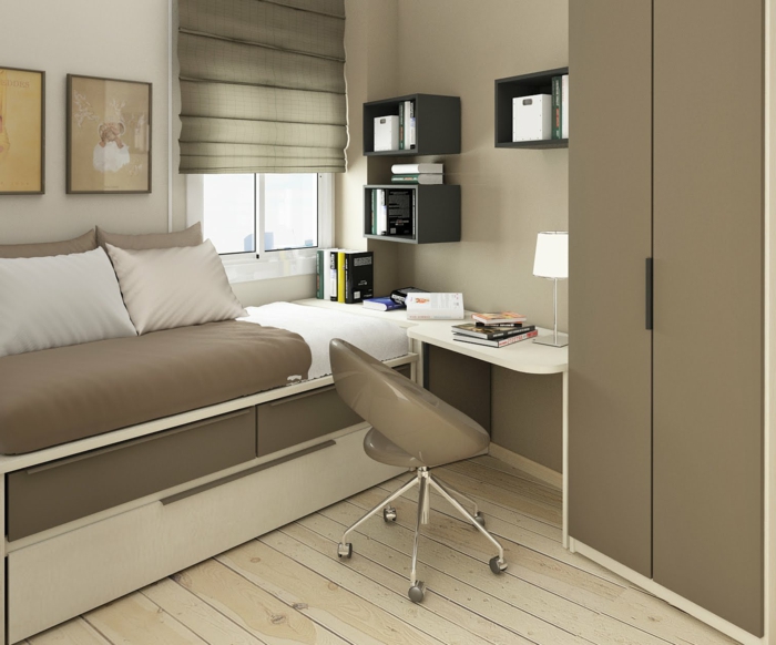 Laminat Boden, kleines Bett und großer Schrank, Jugendzimer Ideen für kleine Räume