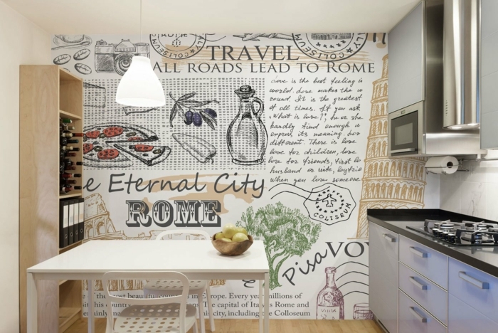 Wandtattoo Küche, eine Küchenwand mit vielen Aufschriften über Rome