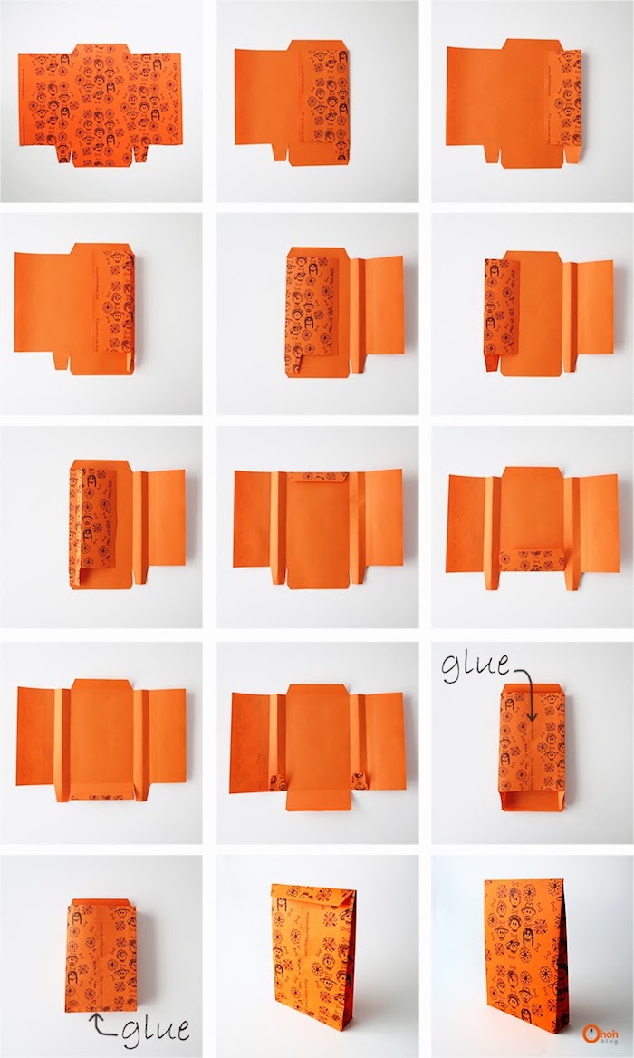 eine diy schritt für schritt anleitung, eine kleine orange papiertüte basteln, basteln mit papier, ein weißer tisch
